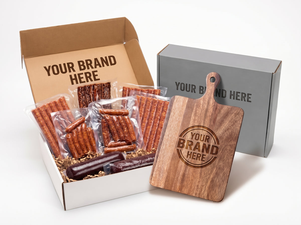 8-item custom branded corporate gift box with Berkshire pork snacks and engraved cutting board