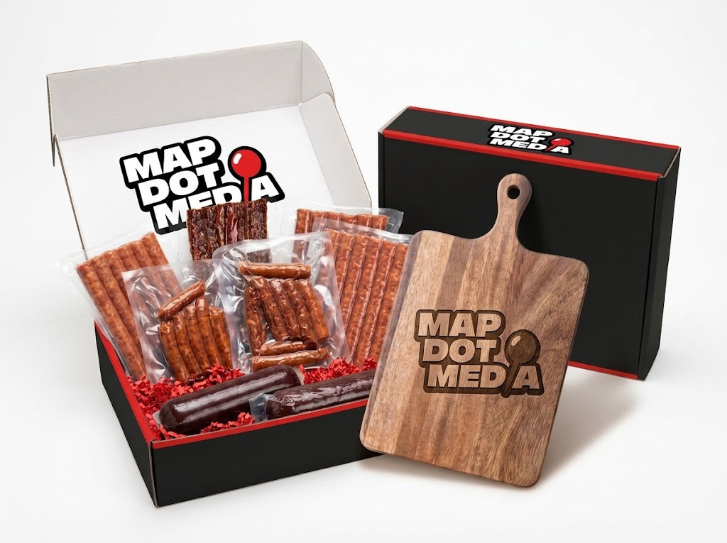 Map Dot Media custom branded corporate gift box mockup with Berkshire pork snacks