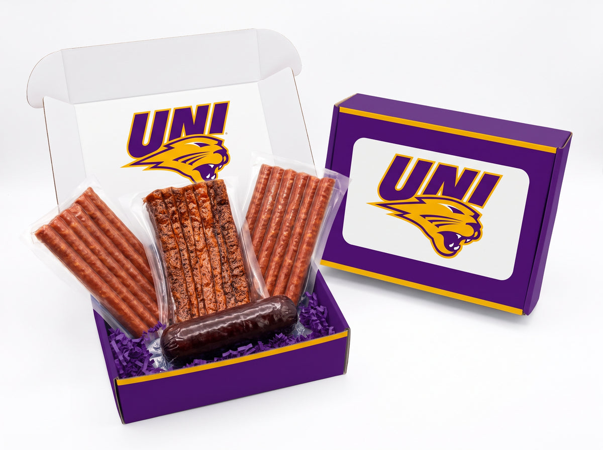 University of Northern Iowa custom branded corporate gift box mockup with Berkshire pork snacks