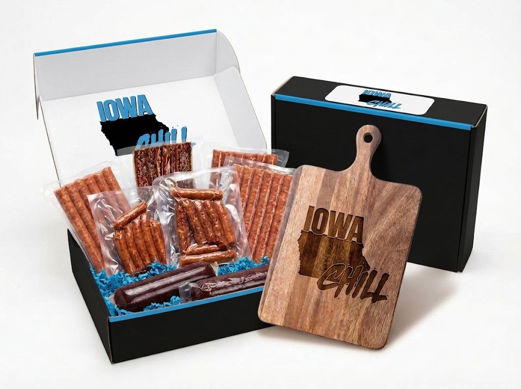 Iowa Chill custom branded corporate gift box mockup with Berkshire pork snacks